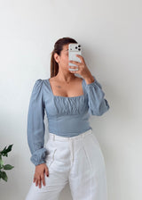 Size S Blue Square Neck Puff Sleeve Top