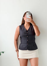 Bust 34, Black Textured Button-Front Vest Top