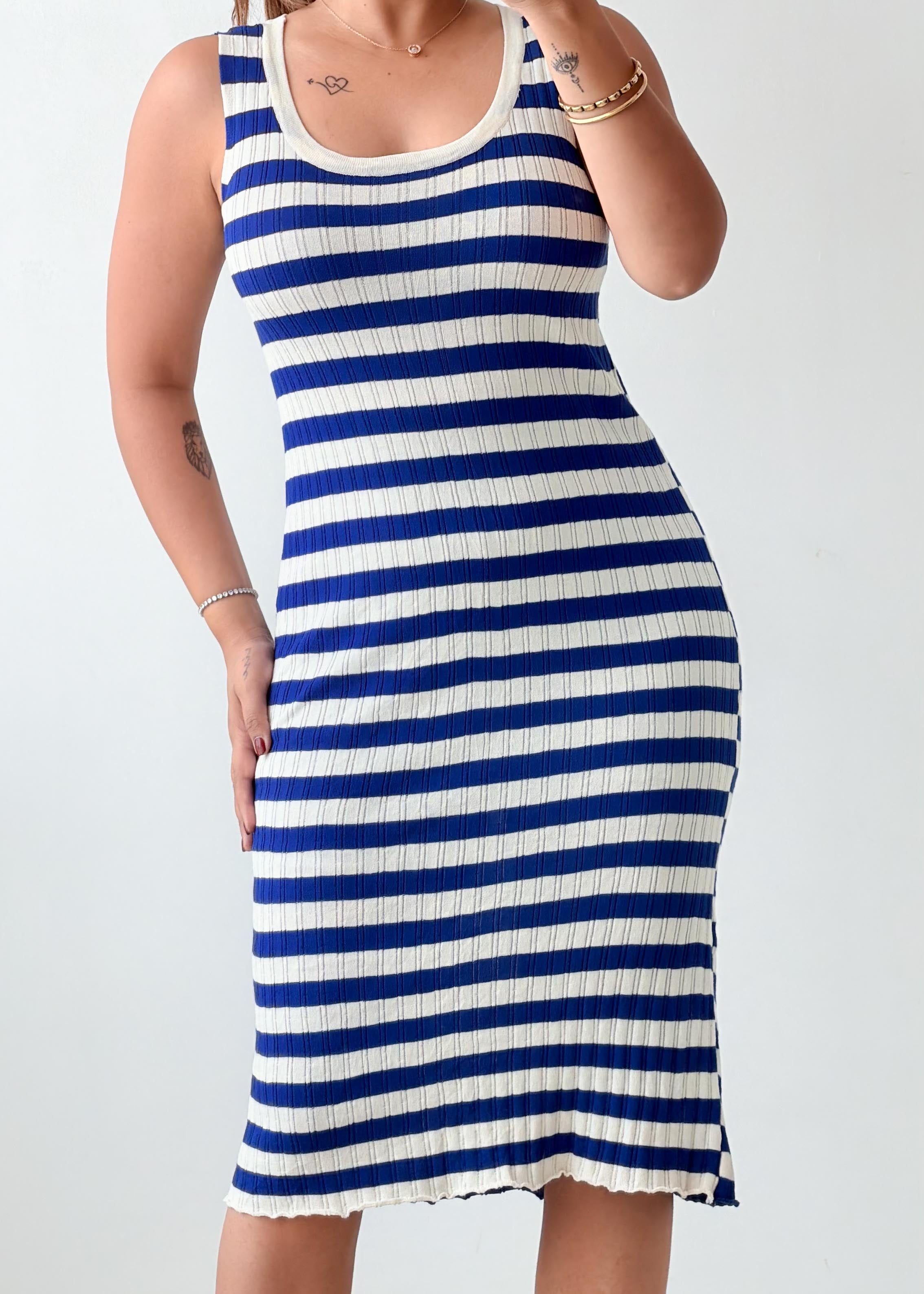 Size M-L Blue White Striped Midi Dress