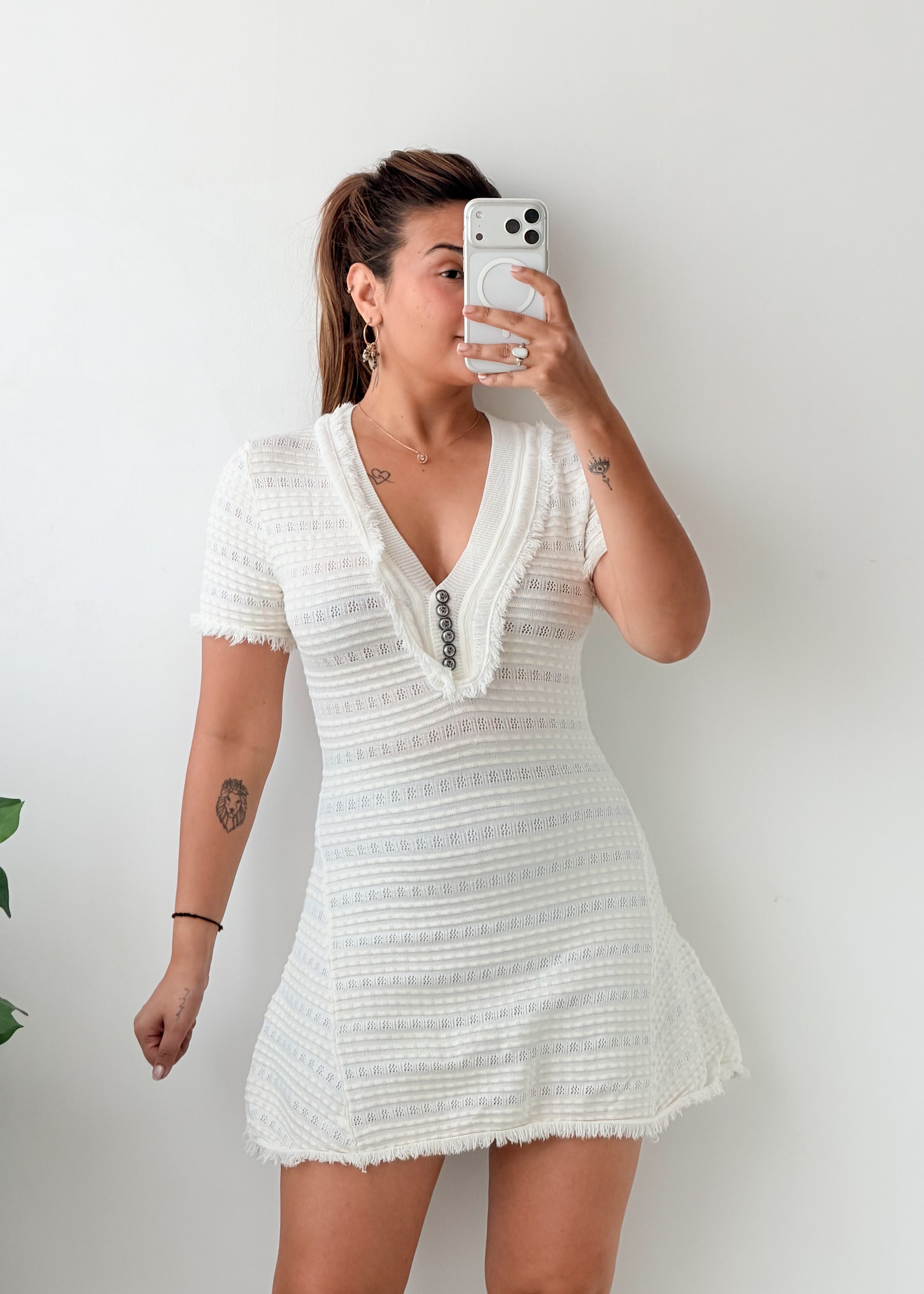Size XS-S Ivory Textured V-Neck Mini Dress