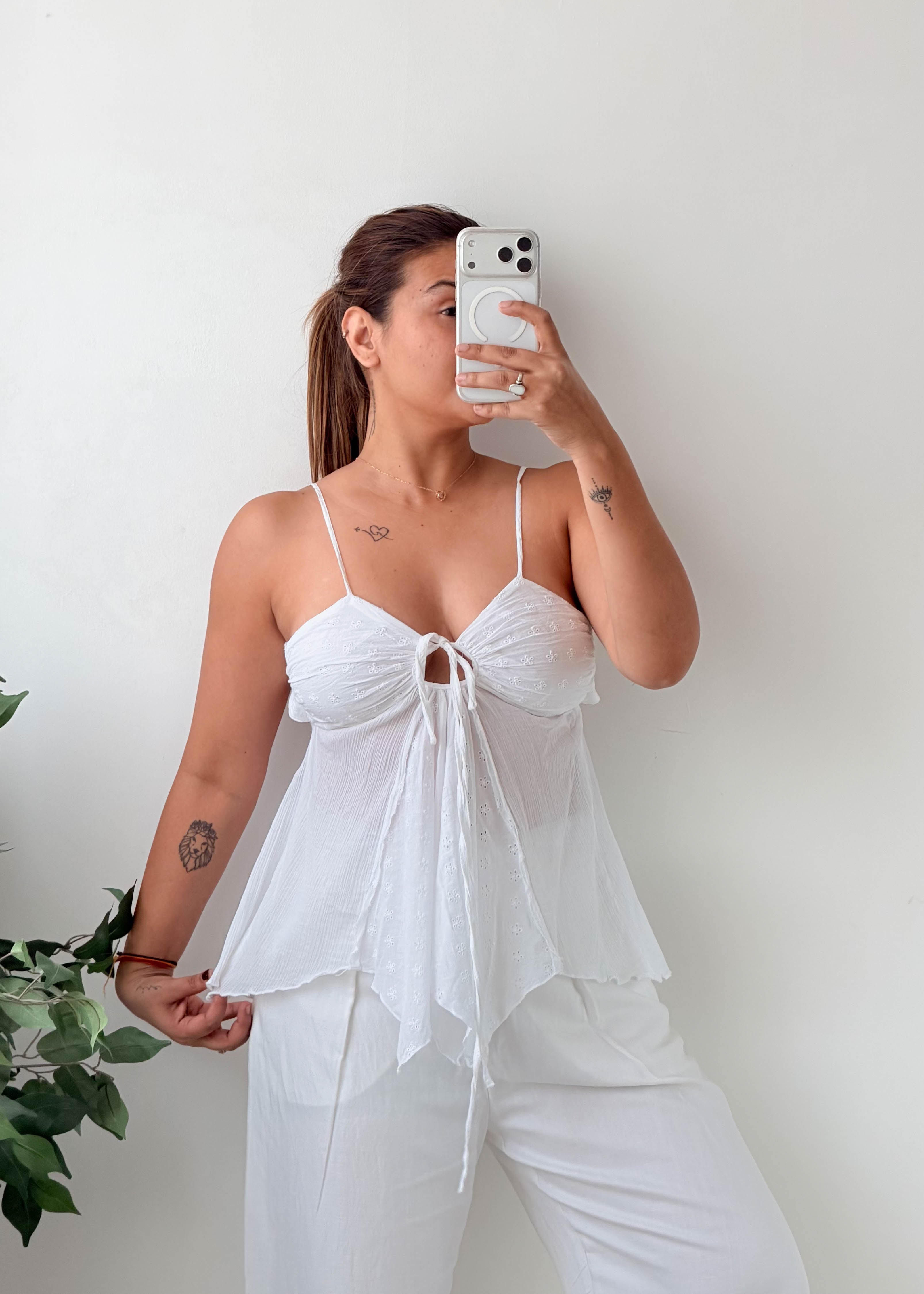 Size S-M White Tie-Front Peplum Top