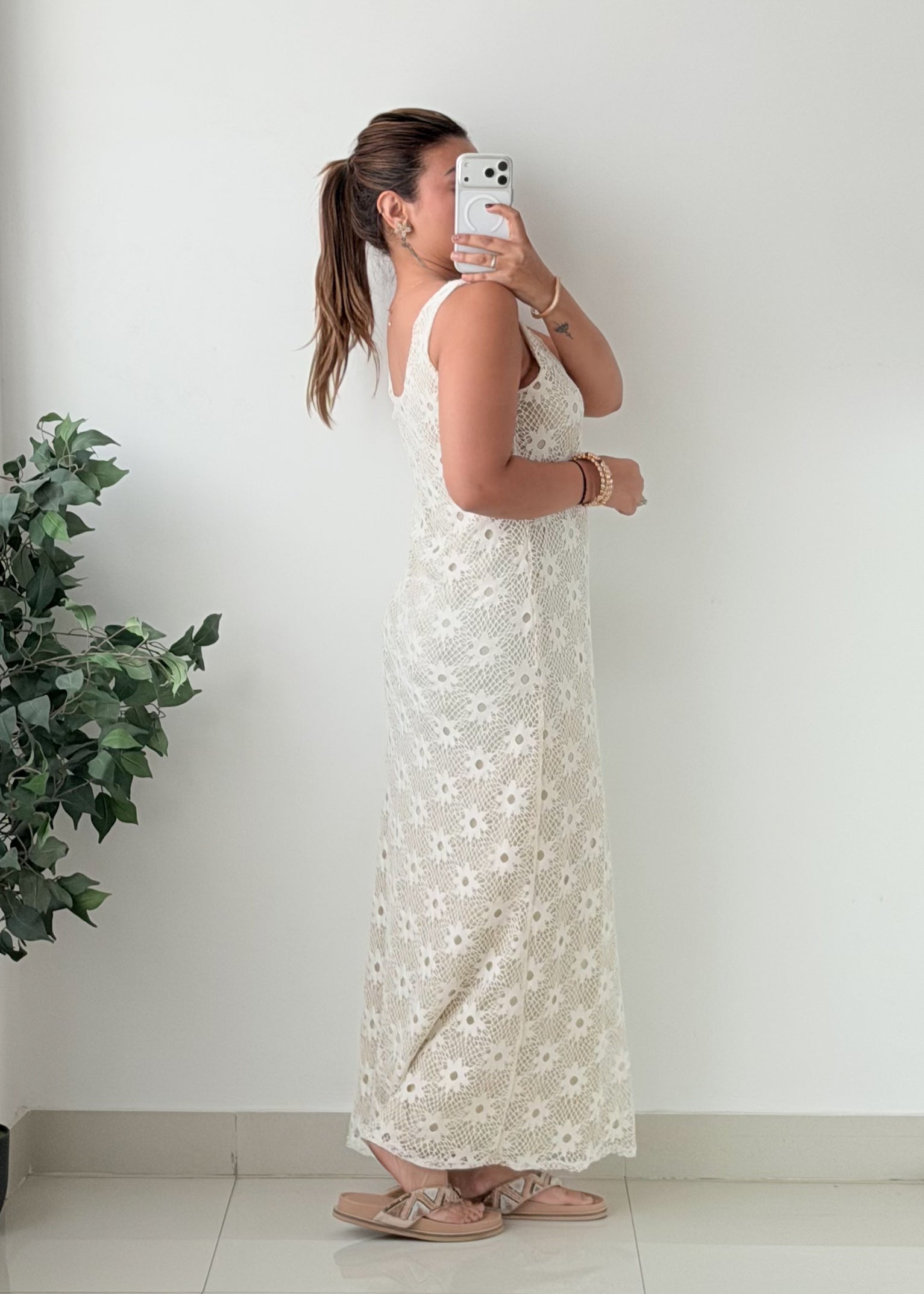 Size M-L Ivory Floral Crochet Maxi Dress With Lining