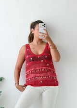 Size L-XL Pink Embellished Crochet Tank Top