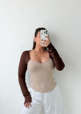 Size M-L Brown Beige Mesh Sleeve Top