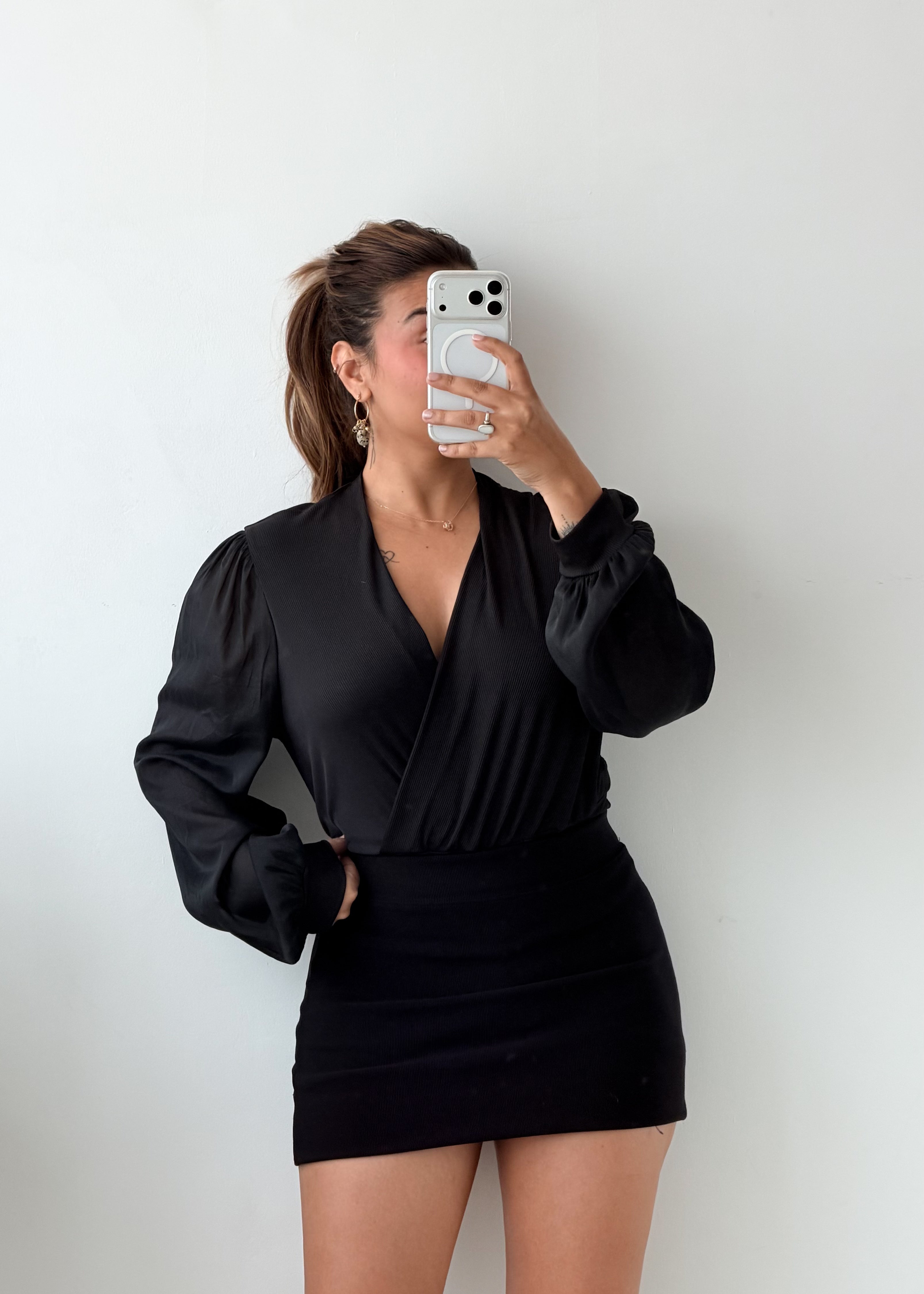 Size L-XL Black Draped Wrap Bodysuit