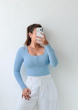 Size XS-S Light Blue Ribbed Button-Front Bodysuit