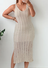 Size XS-S Beige Ribbed Crochet Midi Dress With Lining