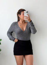 Size M-L Grey V-Neck Shimmer Bodysuit