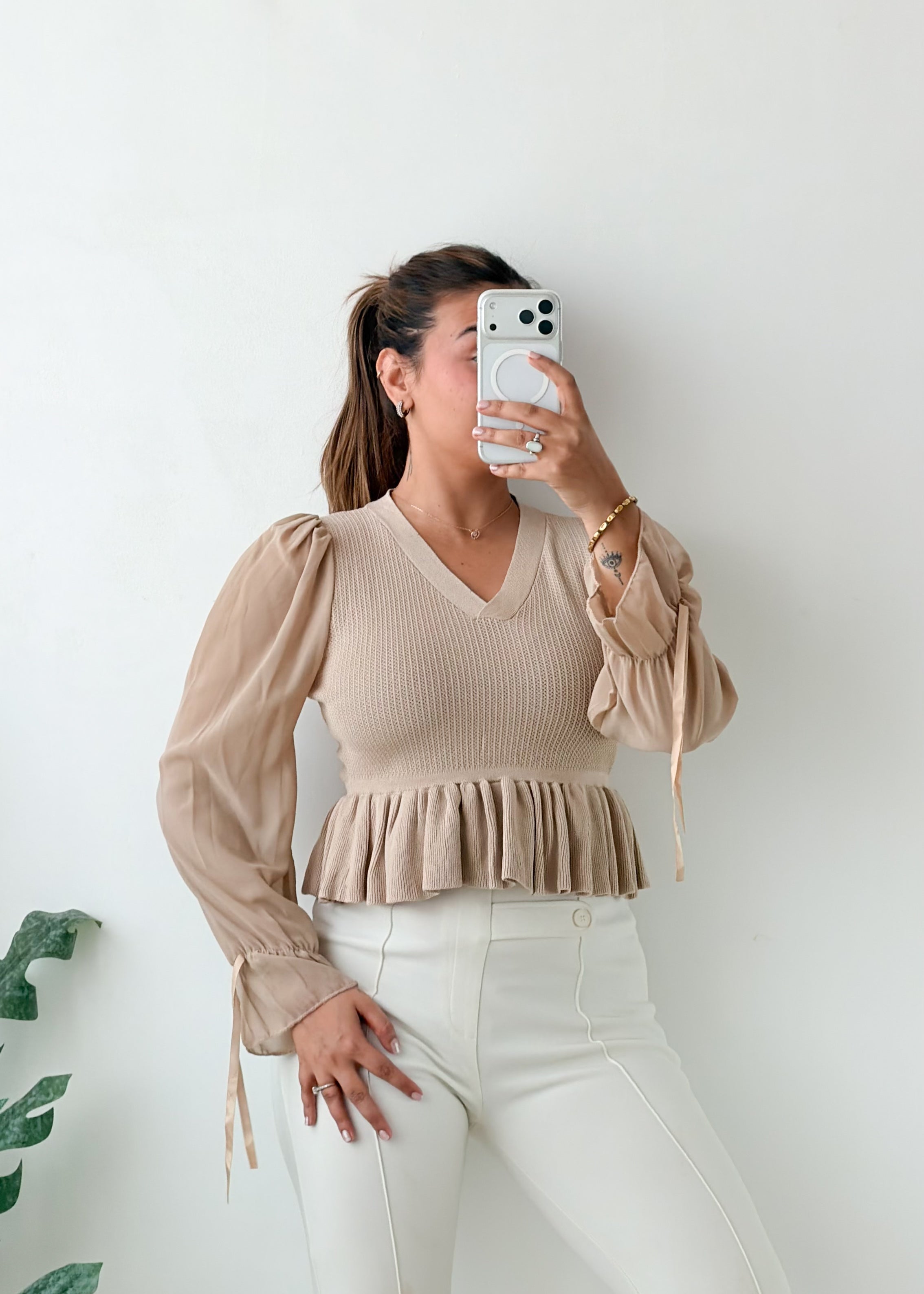 Size XS-S Beige Peplum V-Neck Top