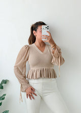 Size XS-S Beige Peplum V-Neck Top