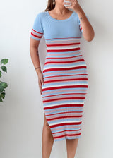 Size S-M Blue Red Striped Ribbed Midi Dress