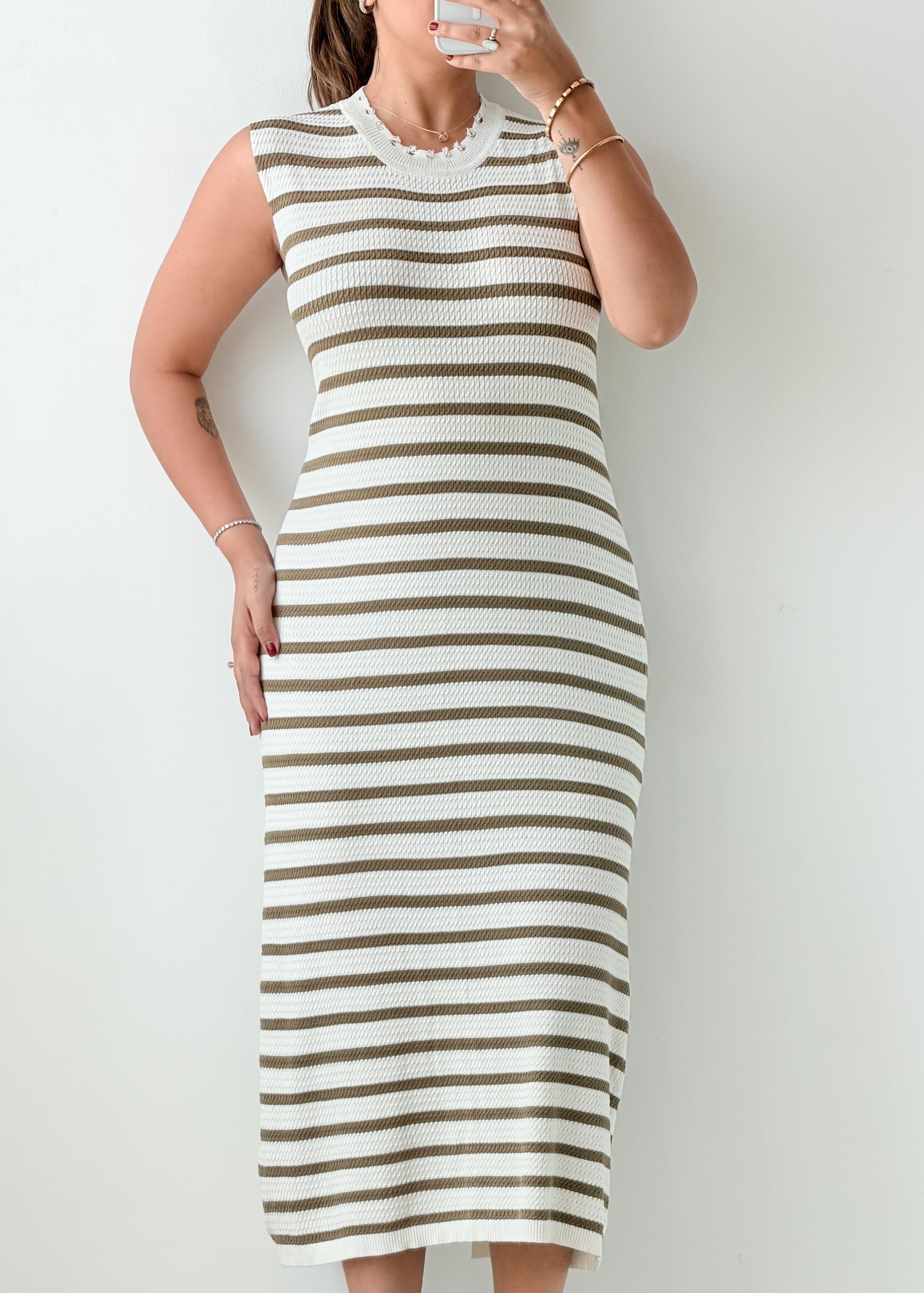 Size M-L Olive White Striped Midi Dress