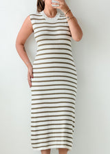 Size M-L Olive White Striped Midi Dress