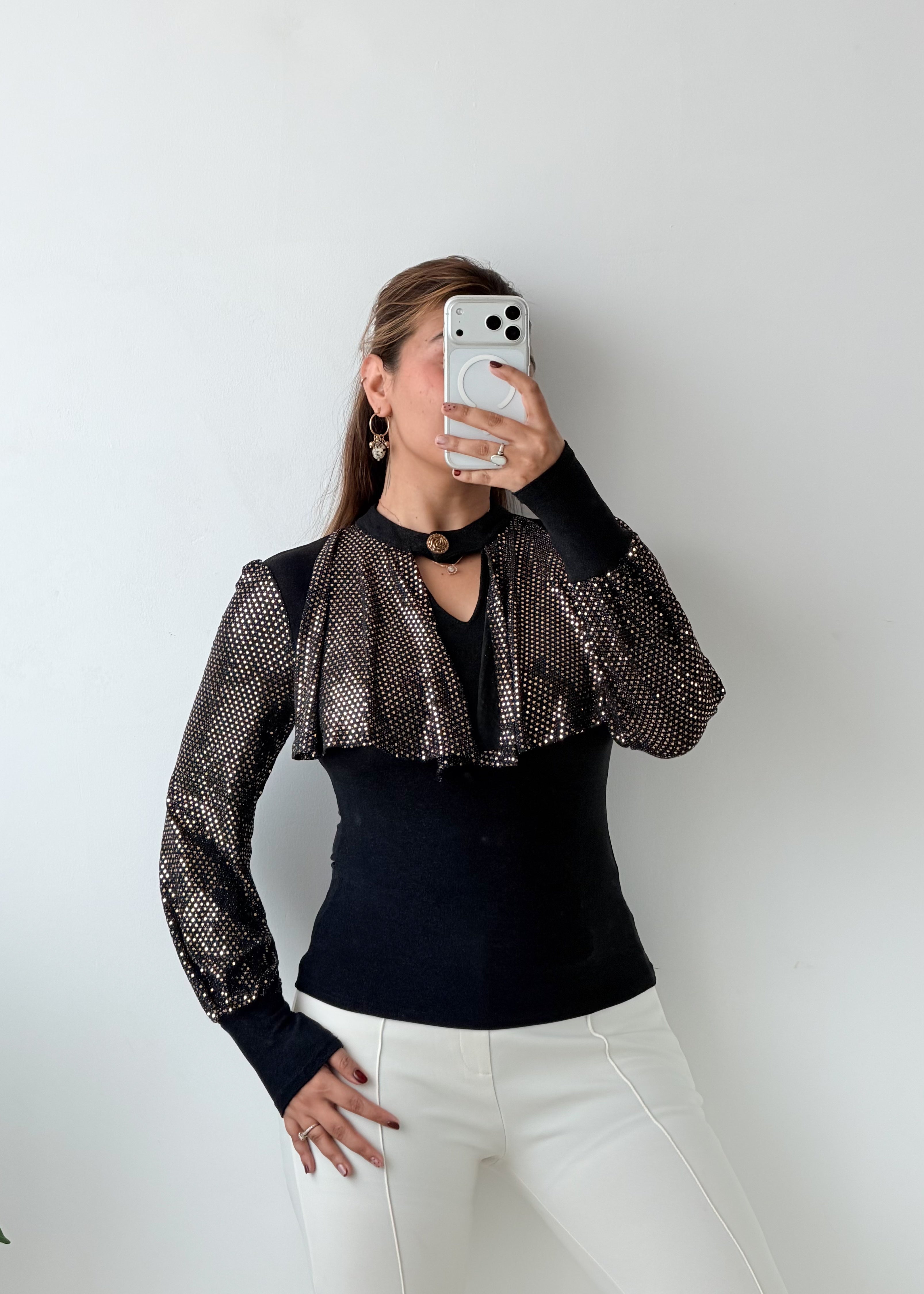 Size S-M Black Metallic Printed Overlay Top
