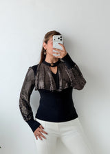 Size S-M Black Metallic Printed Overlay Top