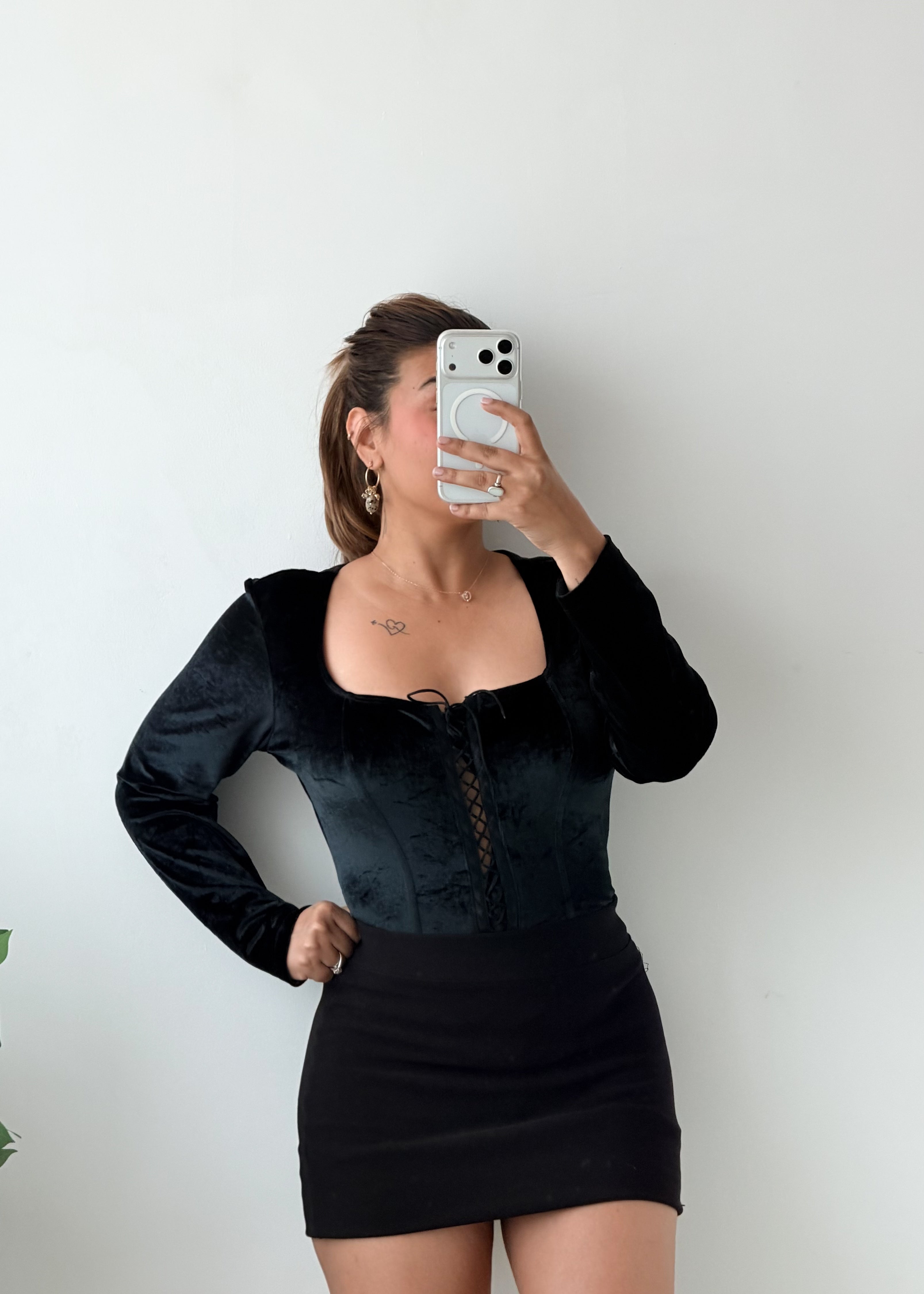 Size M-L Black Velvet Corset Bodysuit