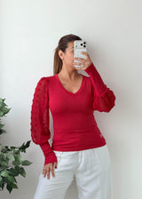 Size S-M Red V-Neck Top with Puff Sleeves