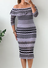 Size XS-S Black grey Striped Off-Shoulder Midi Dress