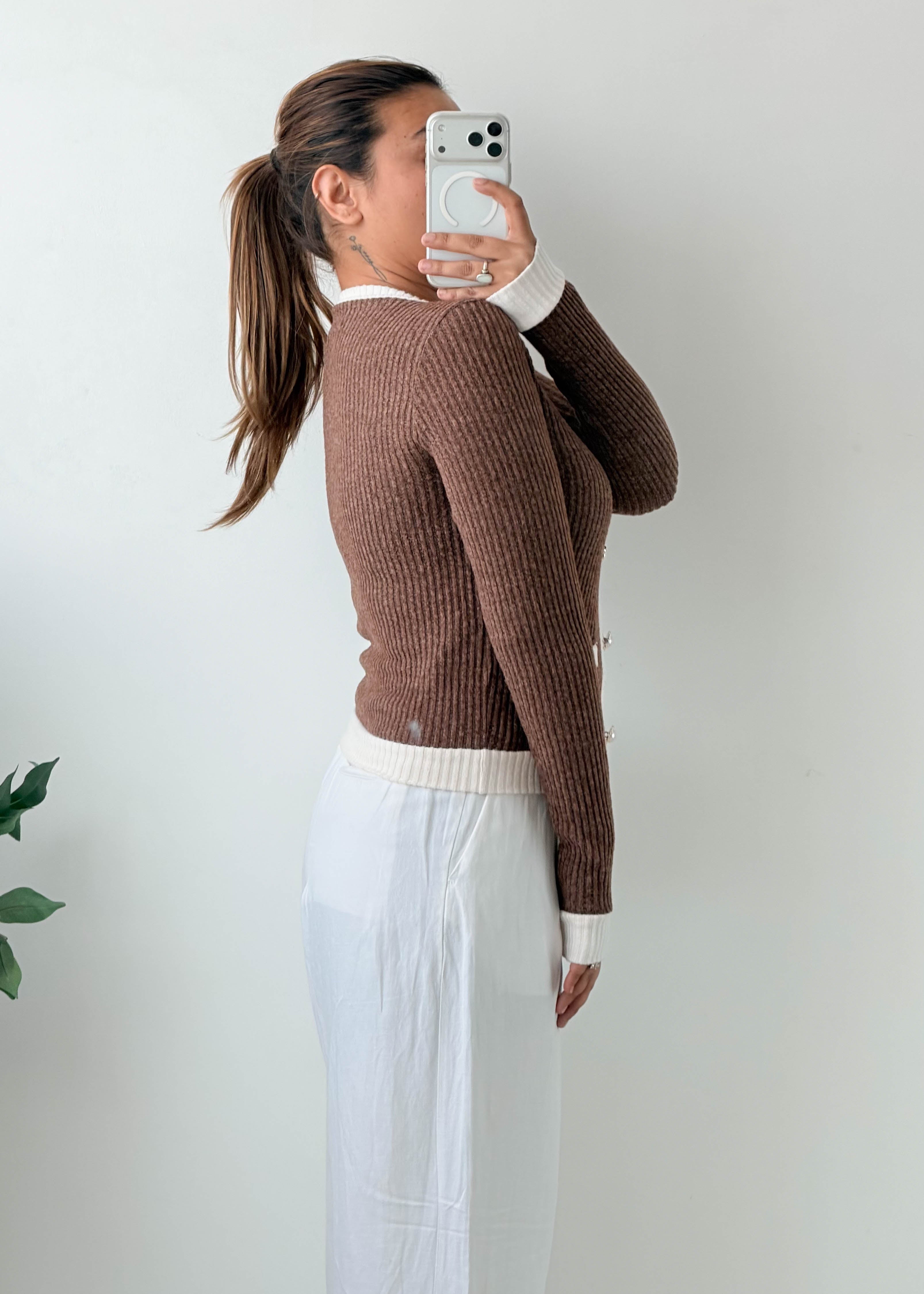 Size S-M Brown Ribbed Contrast Cardigan Top