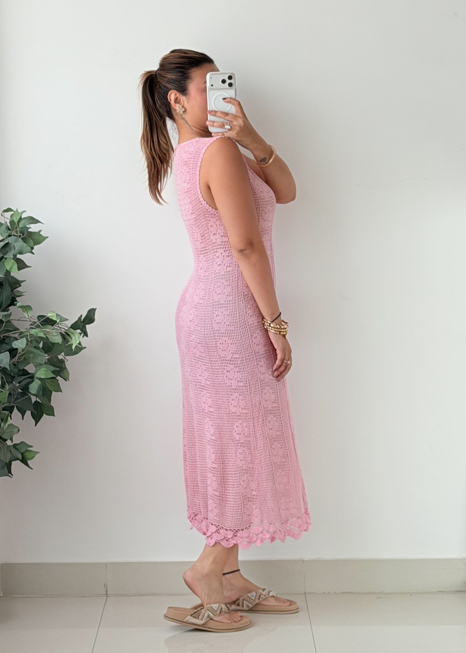 Size S-M Pink Floral Crochet Midi Dress