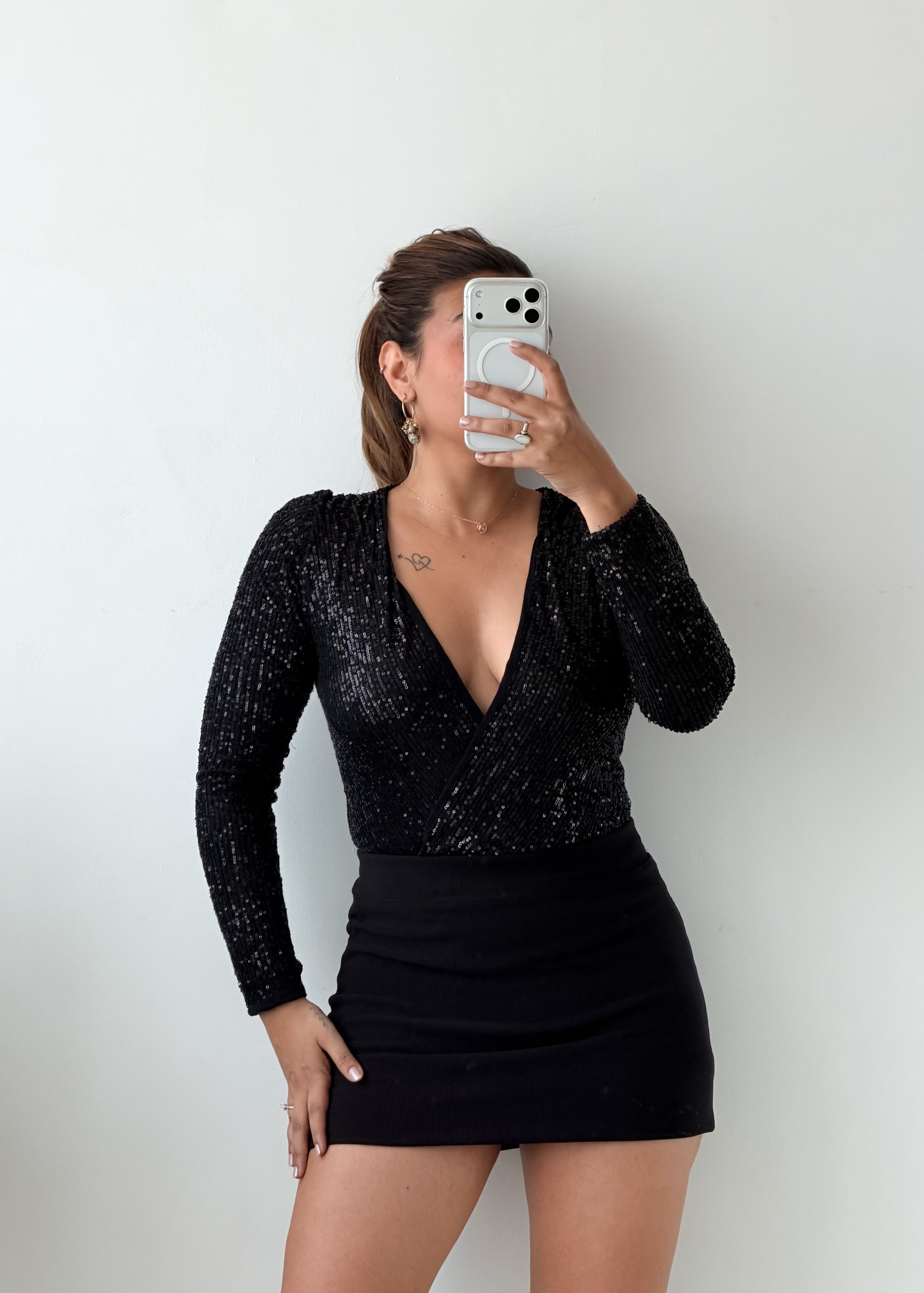 Size XS-S Black Glitter Wrap Bodysuit