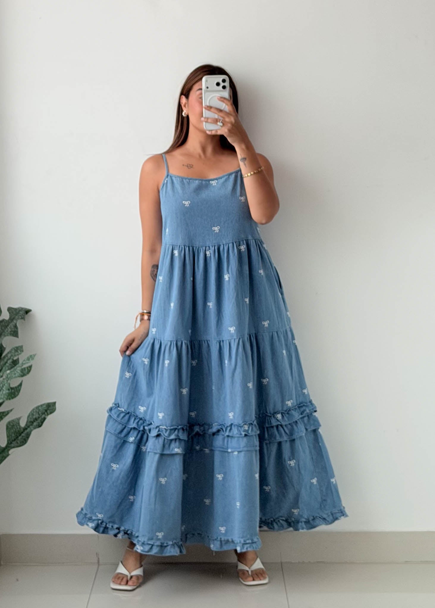Size M-L Light Blue Embroidered Tiered Dress