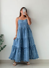 Size M-L Light Blue Embroidered Tiered Dress