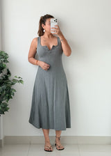 Size S-M Grey Button Front Flared padded Midi Dress