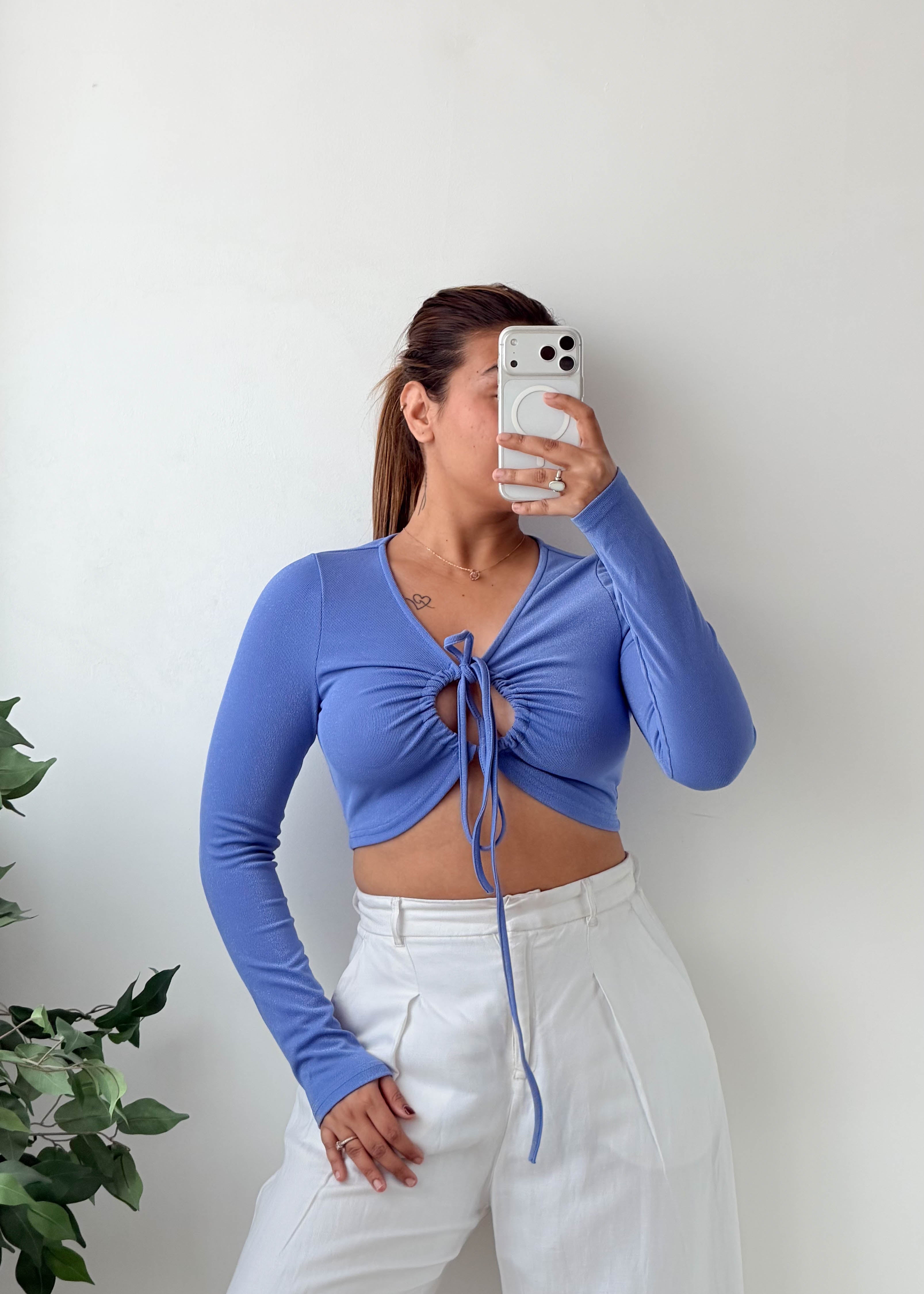 Size S-M Blue Ruched Tie-Front Crop Top