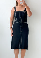 Size S-M Black Contrast Piping Midi Dress
