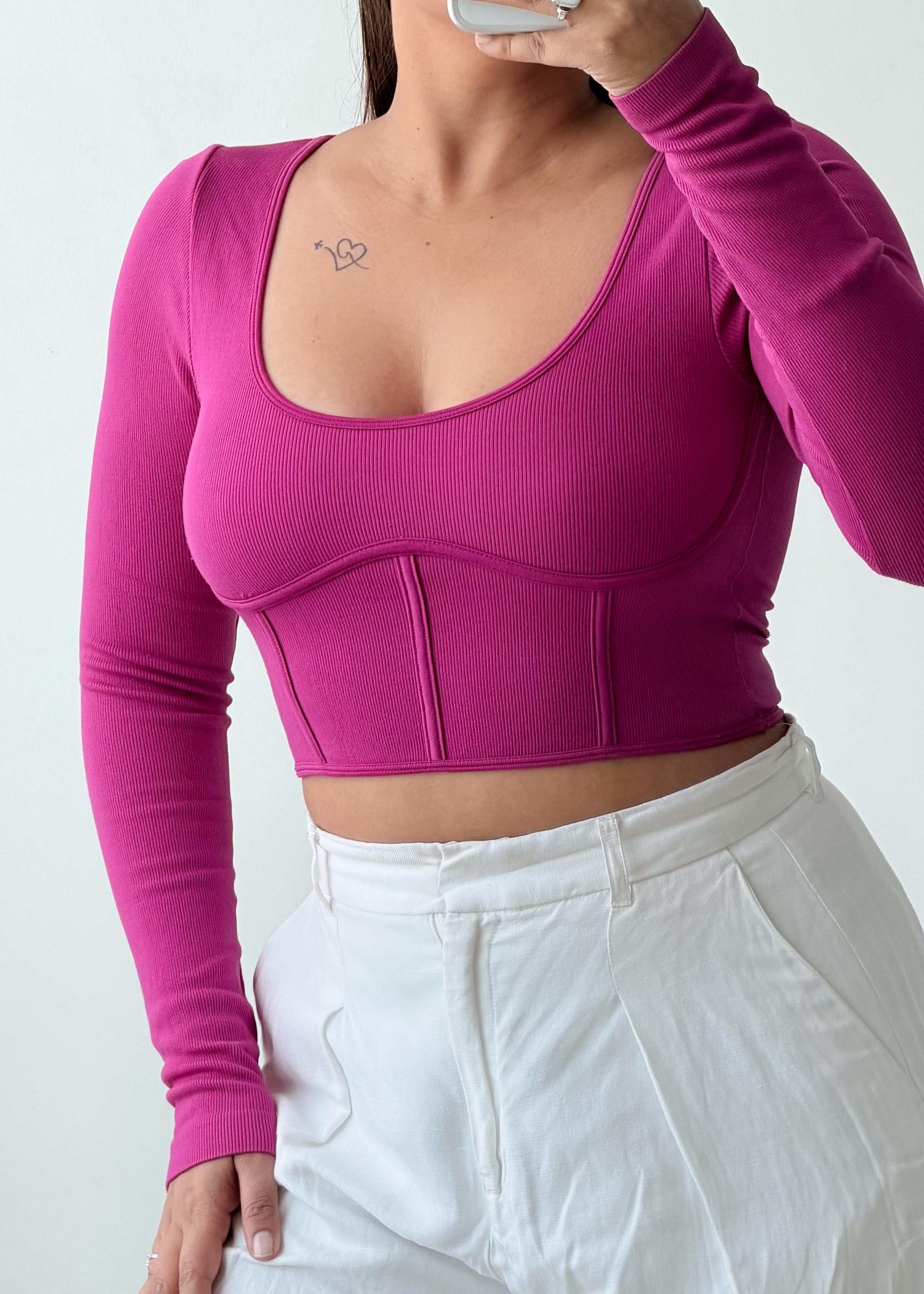 Size XS-S Magenta Long Sleeve Corset Crop Top