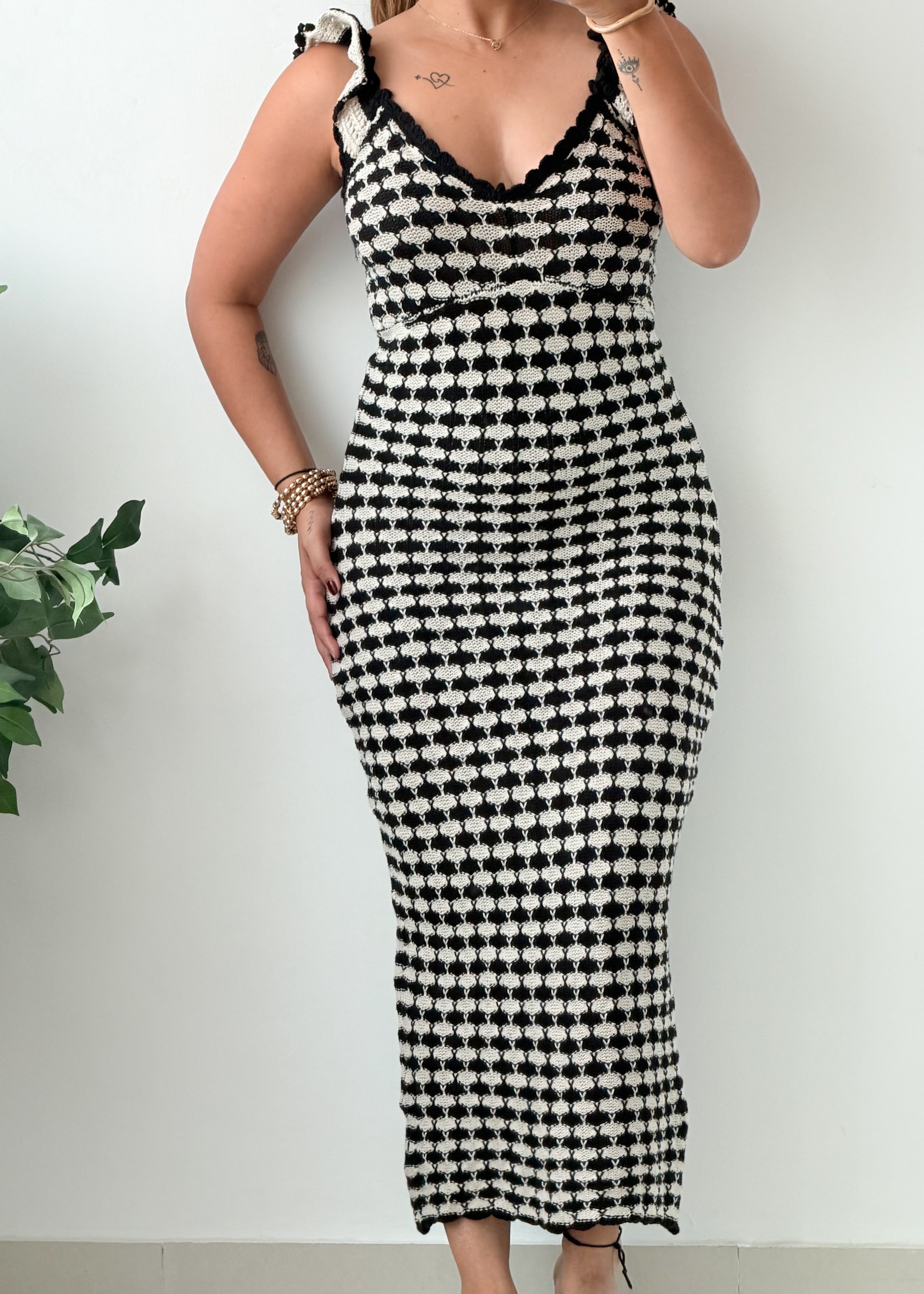 Size S-M Black White Checkered Crochet Maxi Dress