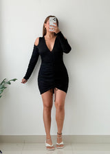 Size S-M Black Cold-Shoulder Ruched Mini Dress