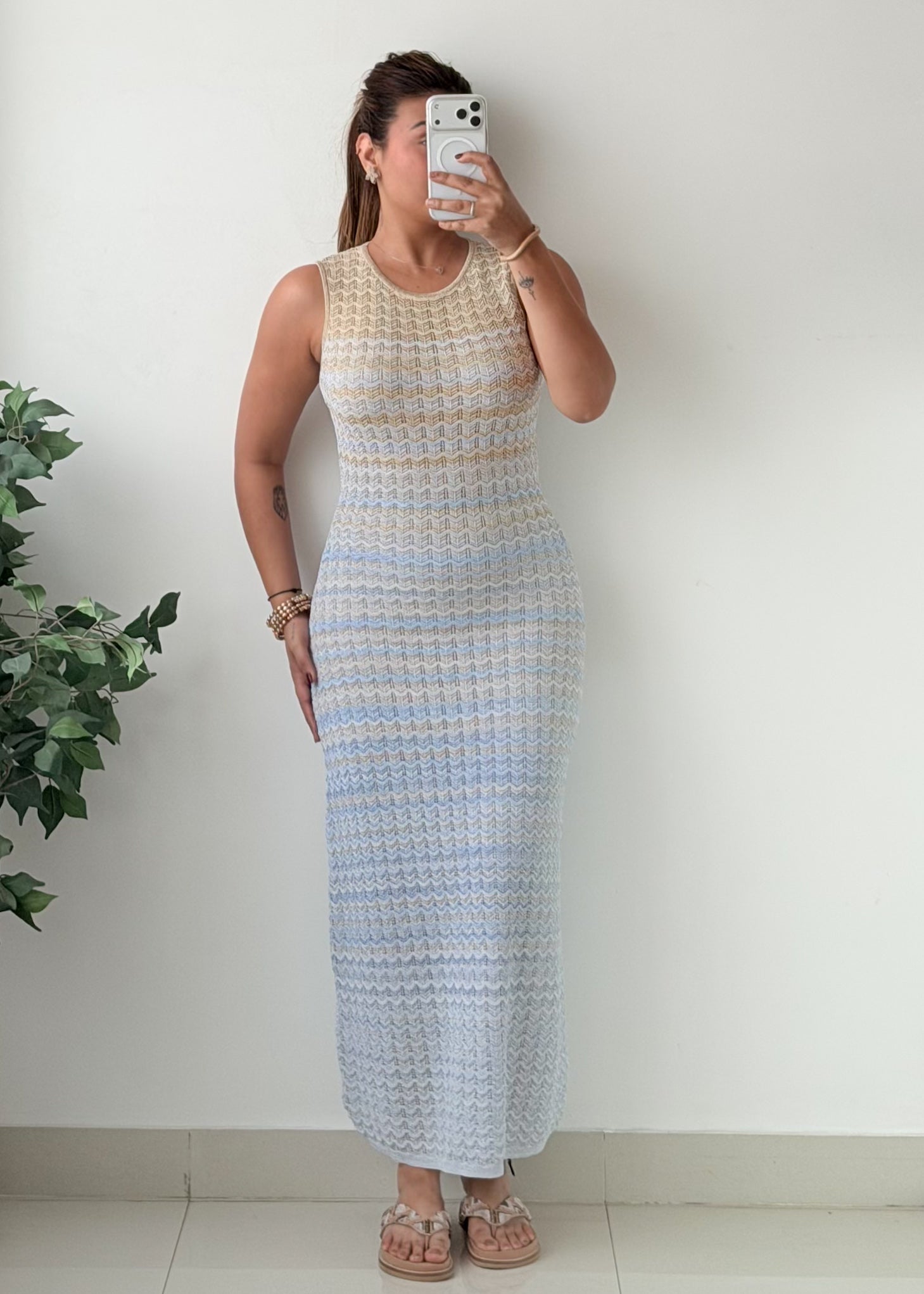 Size S-M Pastel Blue Yellow Striped Crochet Maxi Dress