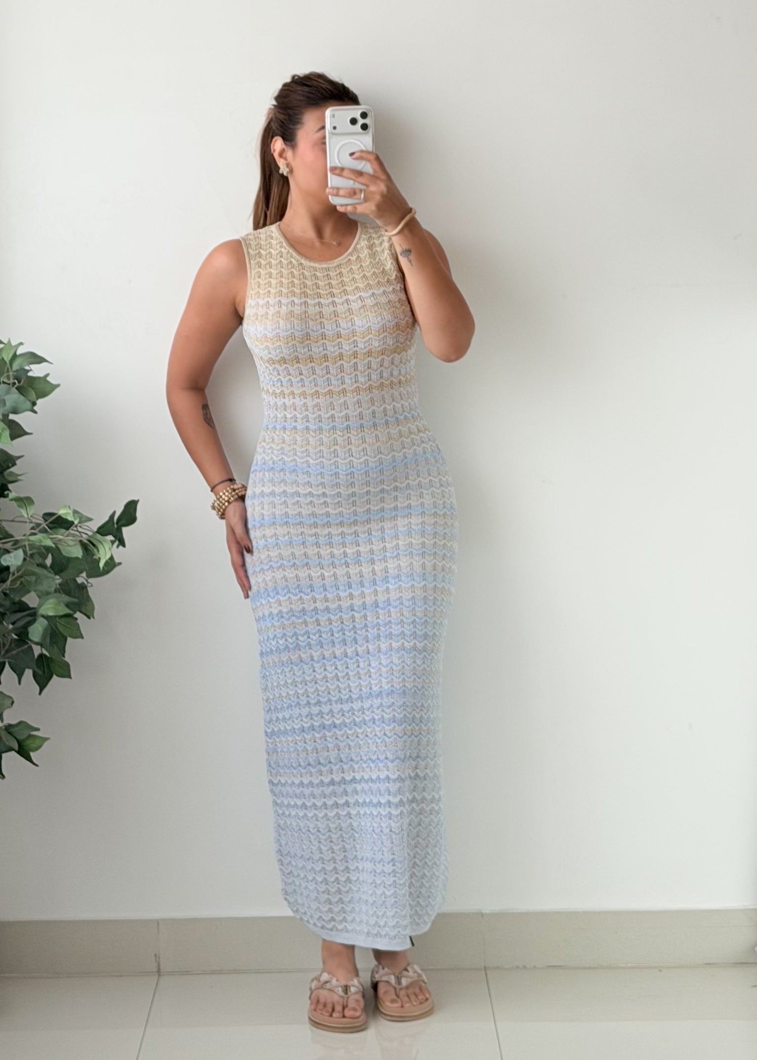 Size S-M Pastel Blue Yellow Striped Crochet Maxi Dress