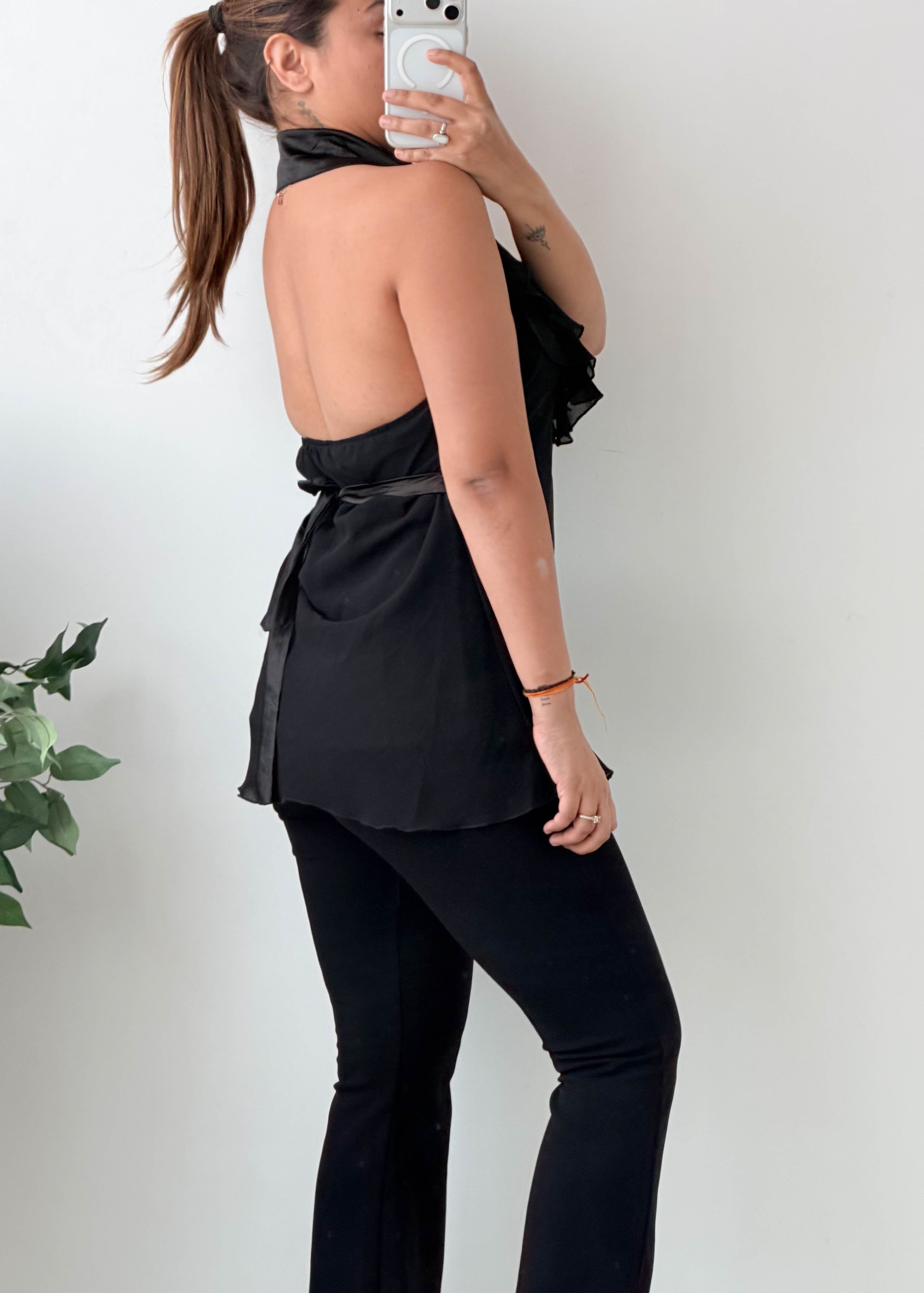 Size S-M Black Ruffle Halter Neck Top