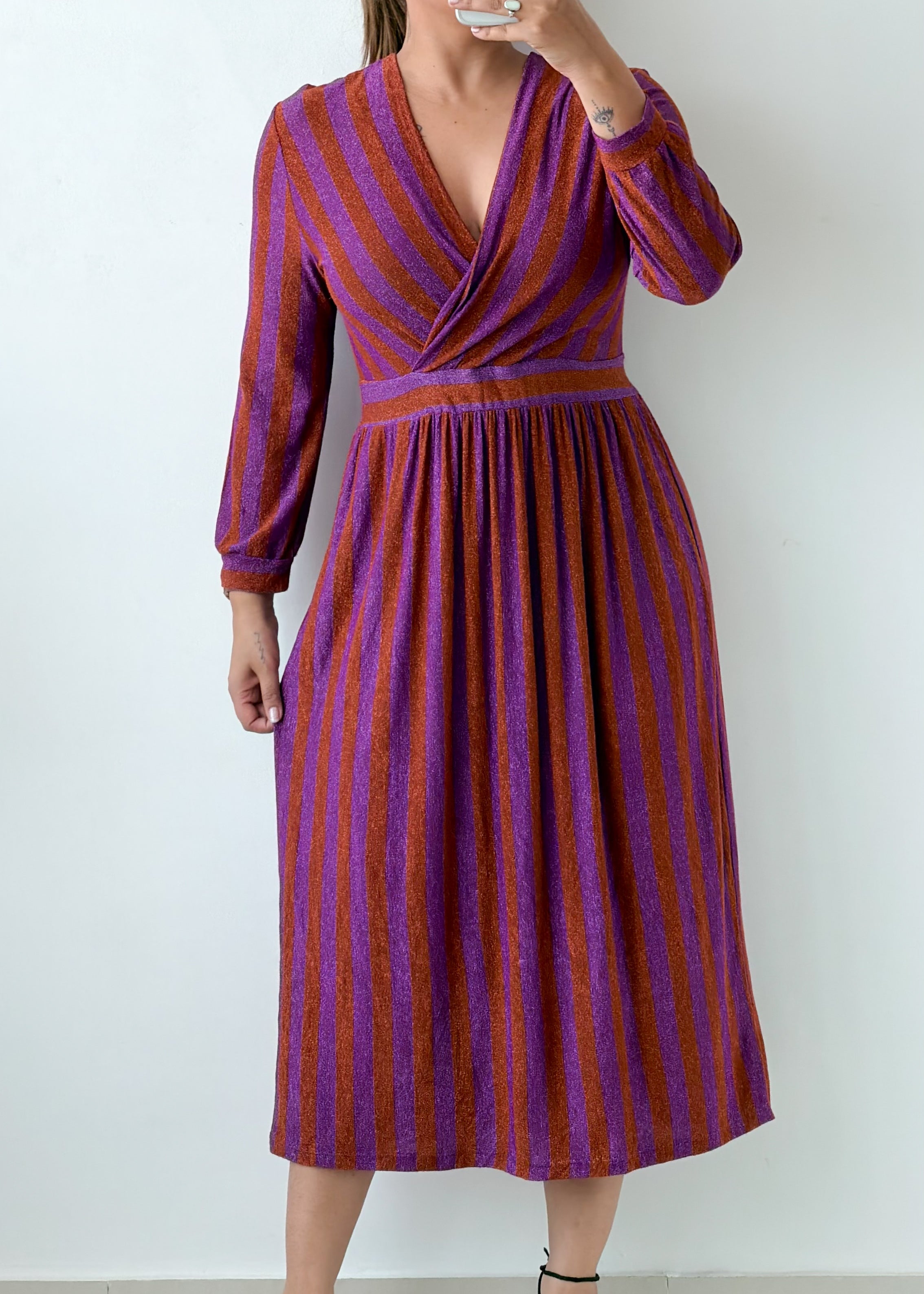 Size M-L Purple Rust Striped Wrap Midi Dress
