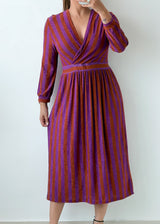 Size M-L Purple Rust Striped Wrap Midi Dress