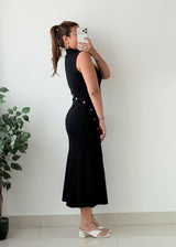 Size XS-M Black Button Detail Midi Dress
