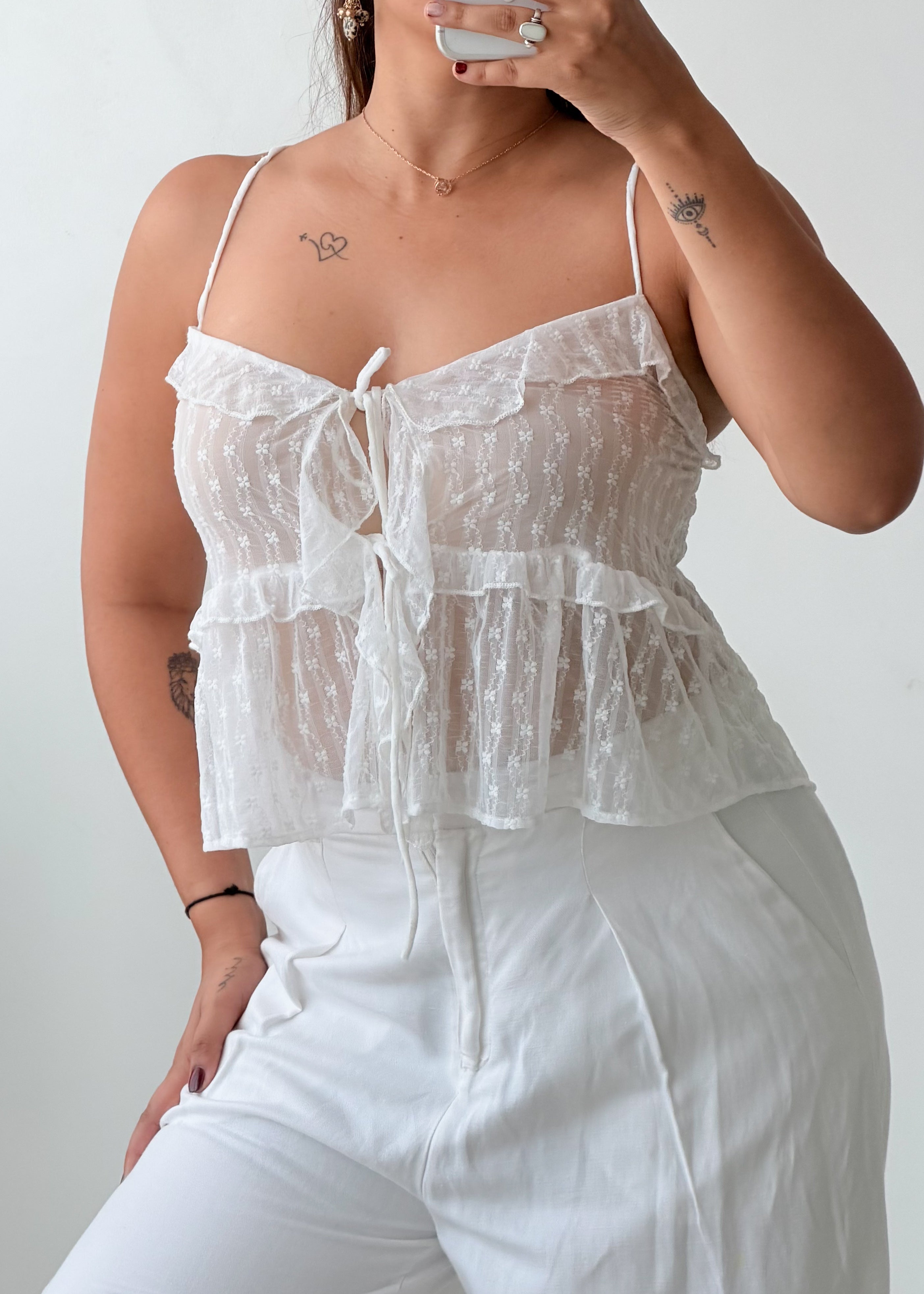 Size XS-S White Sheer Lace Tie-Front Top