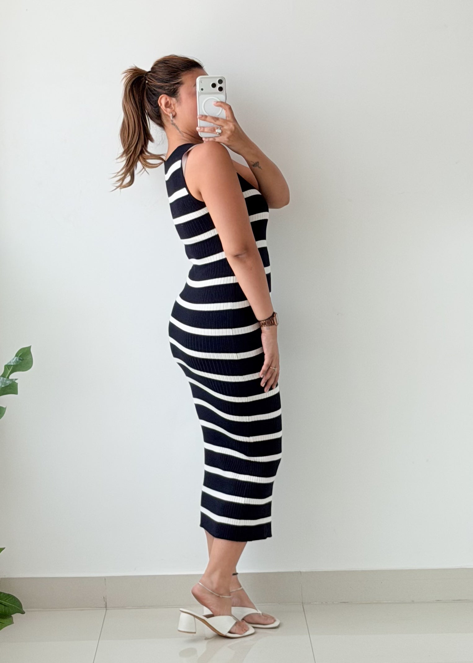 Size XS-S Black White Striped Ribbed Midi Dress