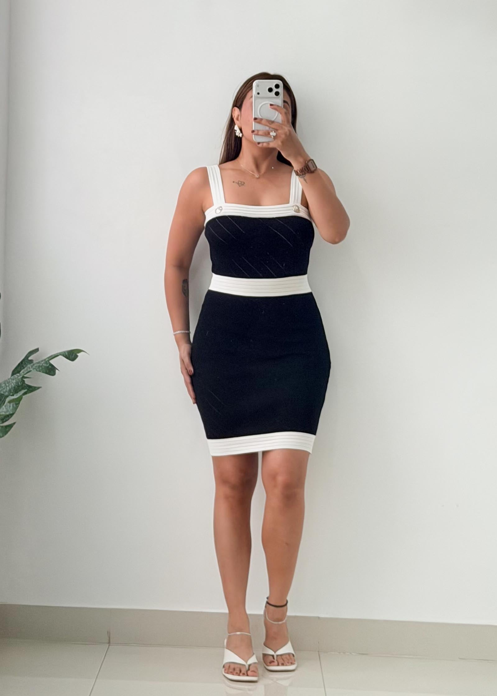 Size S-M Black White Strap Detail Mini Dress