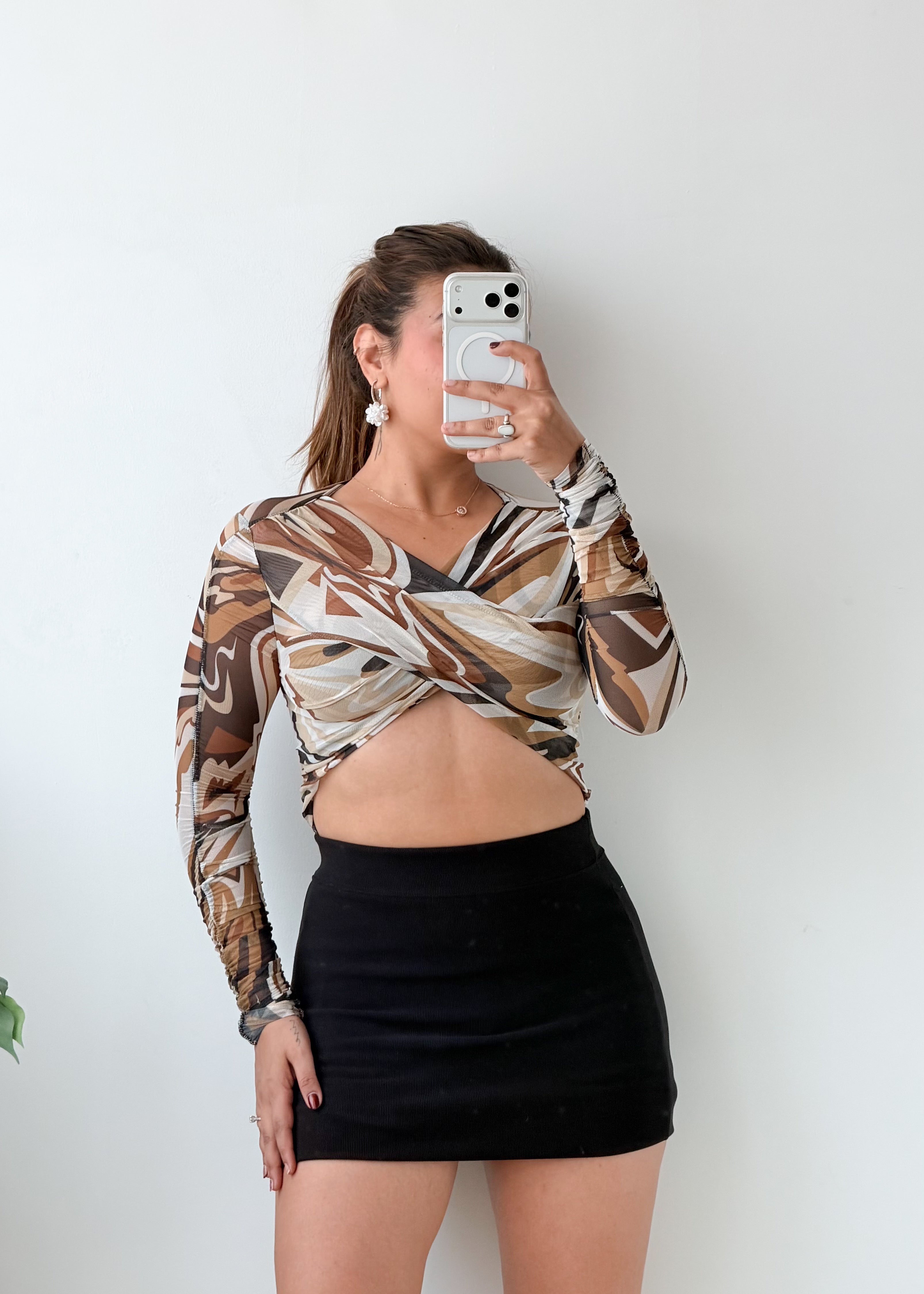 Size XS Brown Abstract Print Twist Bodysuit