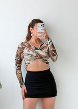 Size XS Brown Abstract Print Twist Bodysuit