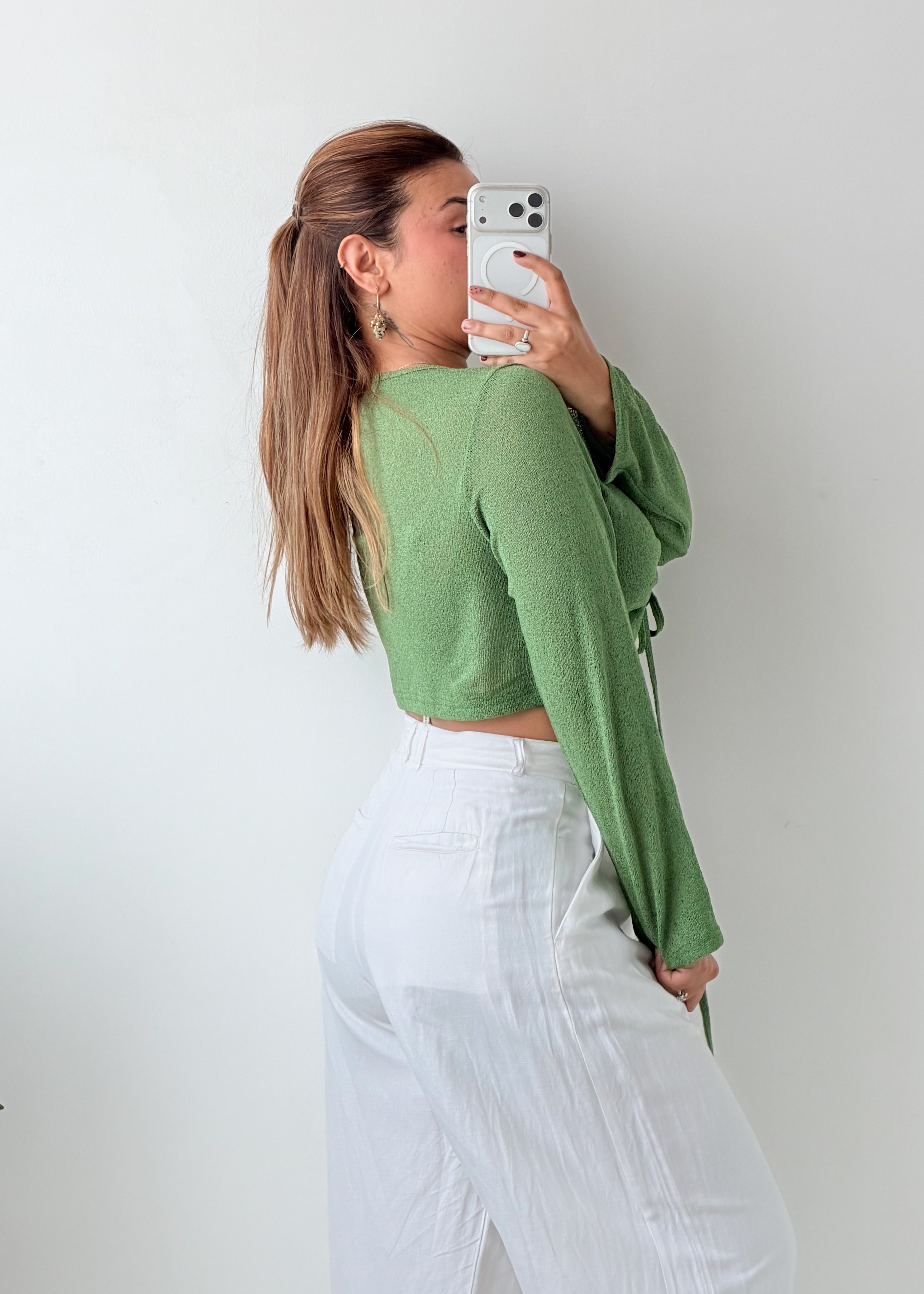 Size L-XL Green Ruched Tie-Front Crop Top