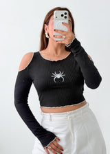 Size S-M Black Spider Graphic Cold Shoulder Top