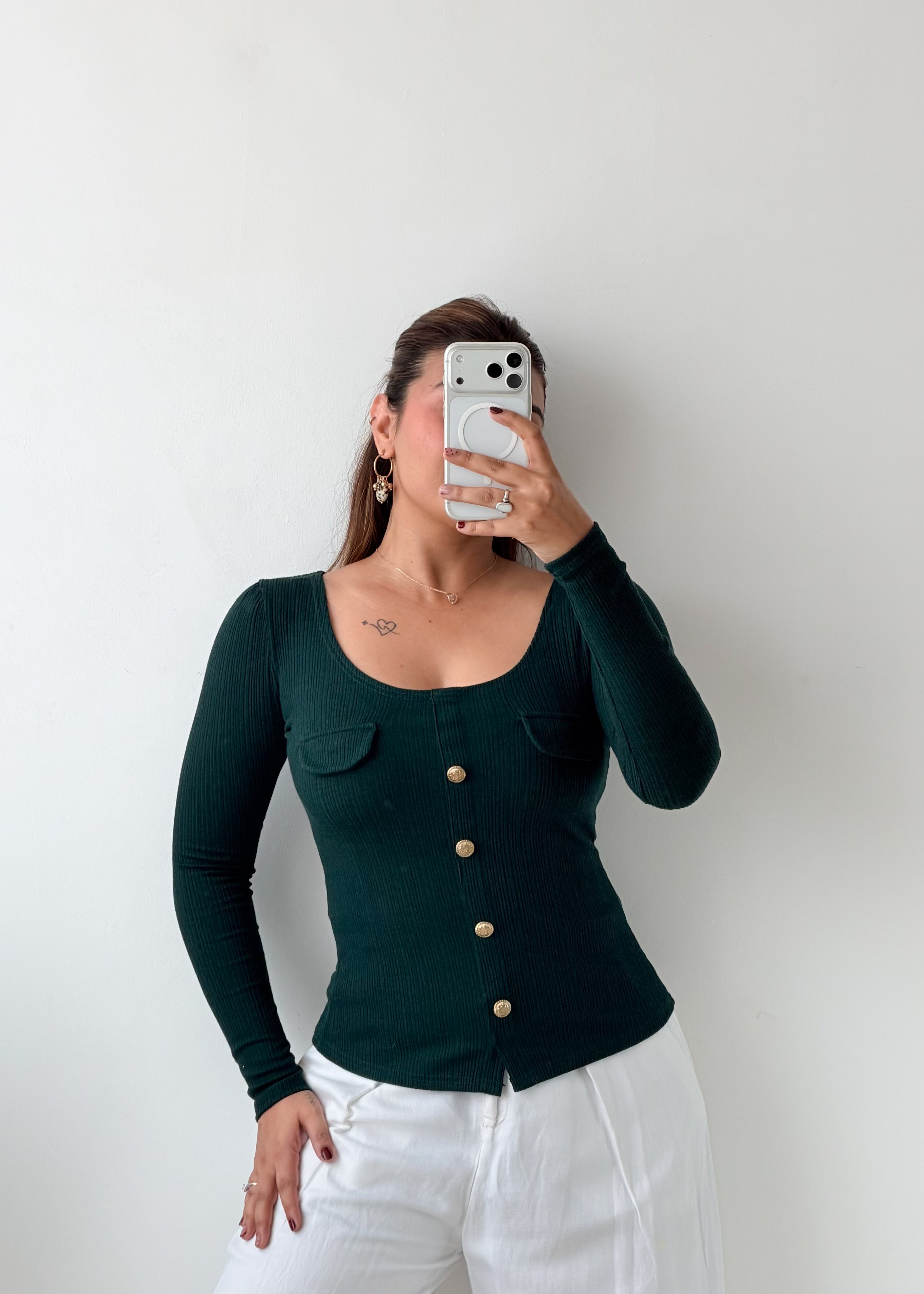 Size XS-S Deep Green Button-Front Top