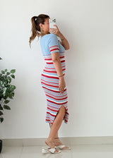 Size S-M Blue Red Striped Ribbed Midi Dress