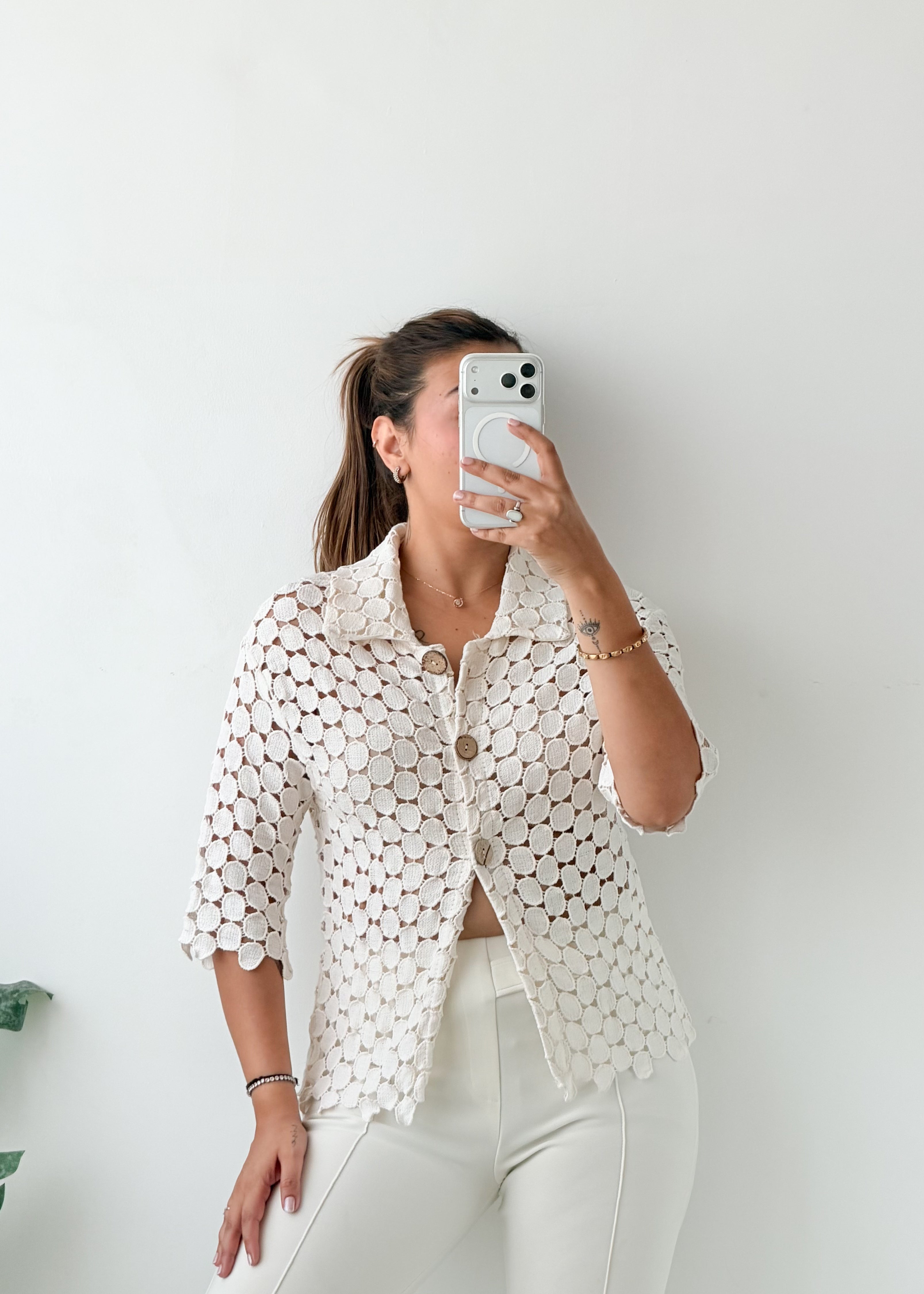 Size S-M White Crochet Button Front Shirt