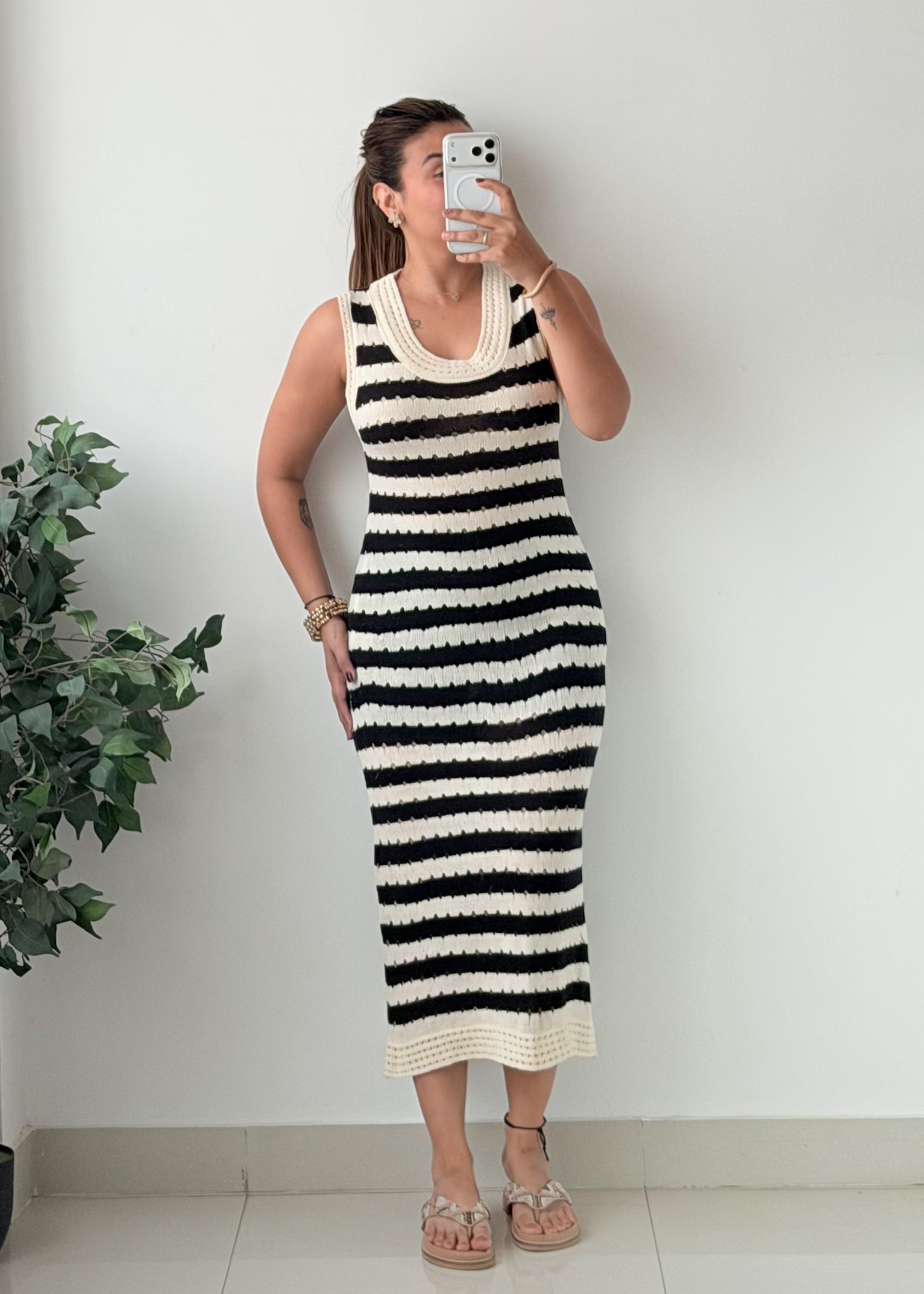 Size S-M Black White Striped Crochet Maxi Dress